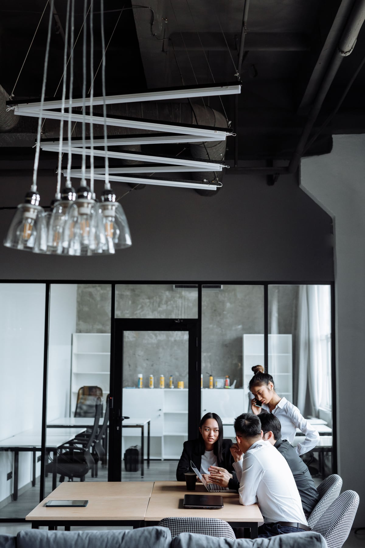 The team collaborating in a modern office